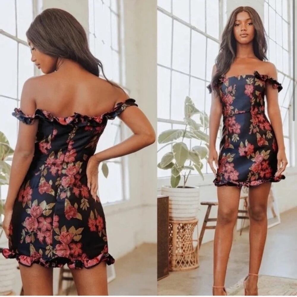Lulu’s Pop The Bottle Navy Blue Floral Jacquard Ruffled Mini Dress - Picture 3 of 10